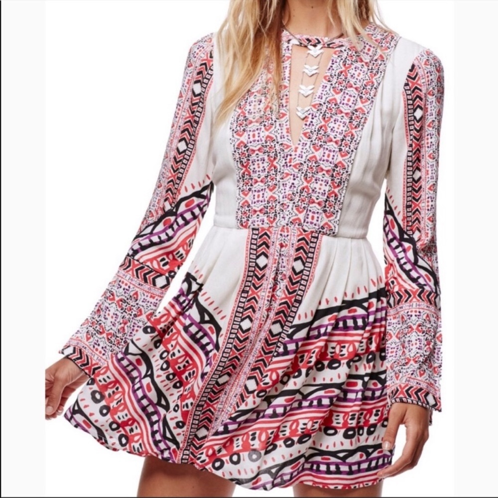Boho Print Long-Sleeve Mini Dress - White with Pink Pattern